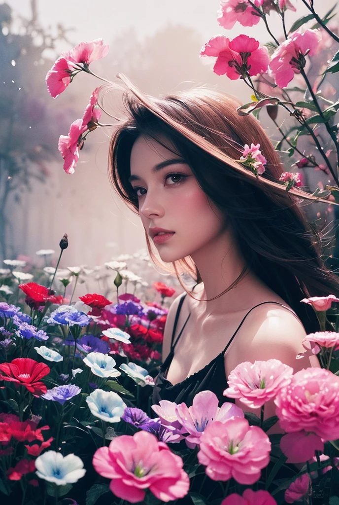1 girl,flower, Lisianthus , Show me, Dreamy Romantic Artwork , pale pink, Mysterious Leaves, A playful arrangement,Fantasy , high contrast , Ink strokes, explosion, Overexposure, impression of purple and red tones , Abstract, (( John Berkey and Jeremy Mann watercolor )) Brush Strokes , Negative Space ,