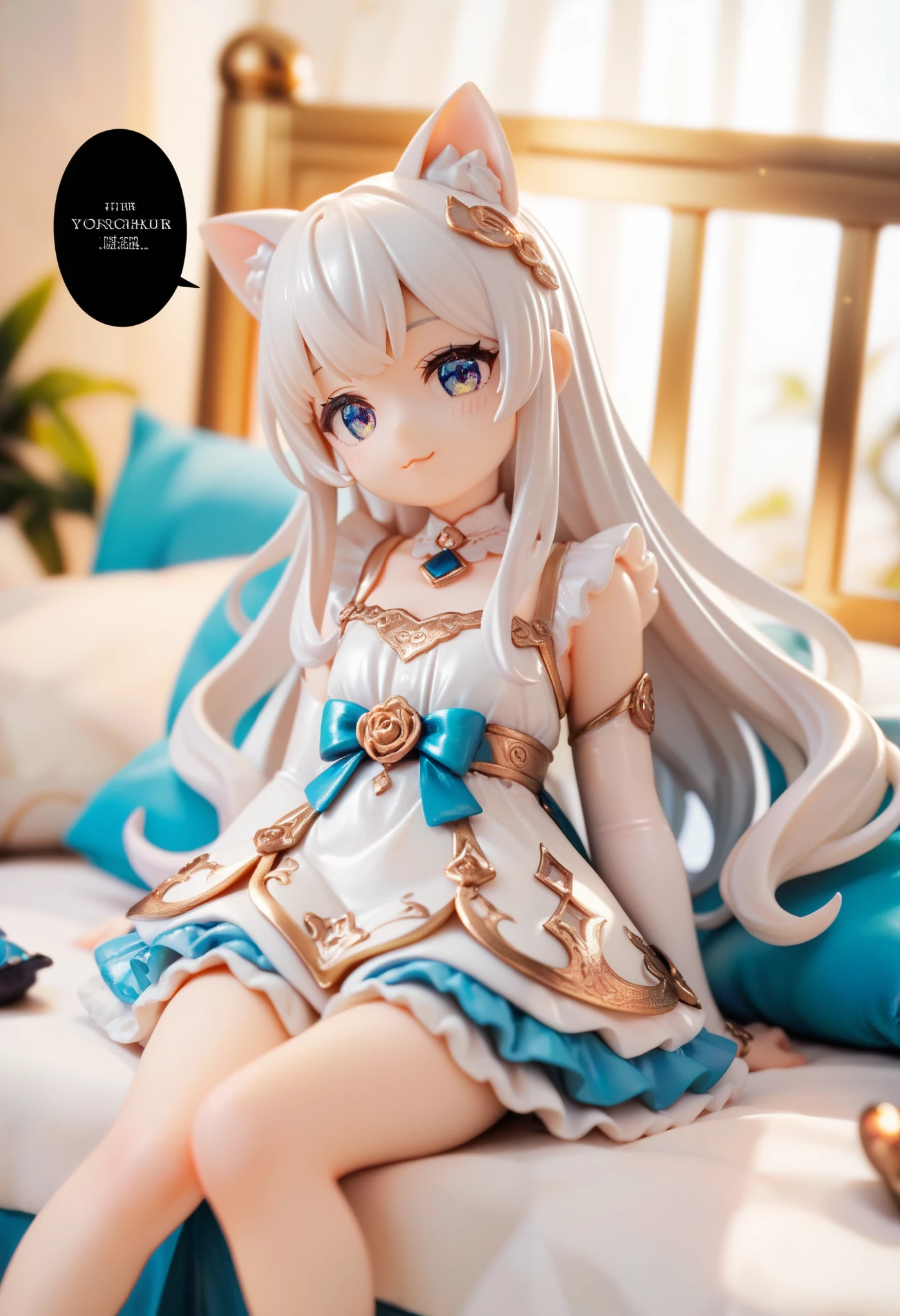 long haired anime girl sitting on a bed, cat ears, Girl from the front, cute anime wife with beautiful clothes, sexy anime girl , White-haired God, Exquisite Details . Dress, Anime 4k
