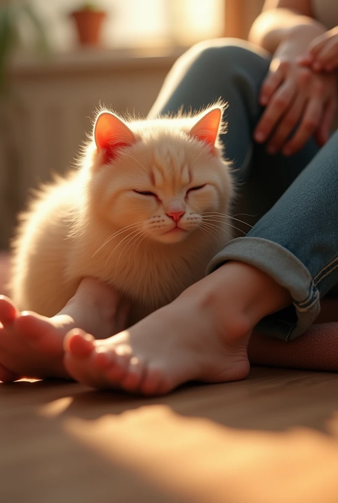 Create a super realistic image of the bottom of a redheaded woman's feet without showing her nails, lying on the messy couch with her cat on the couch