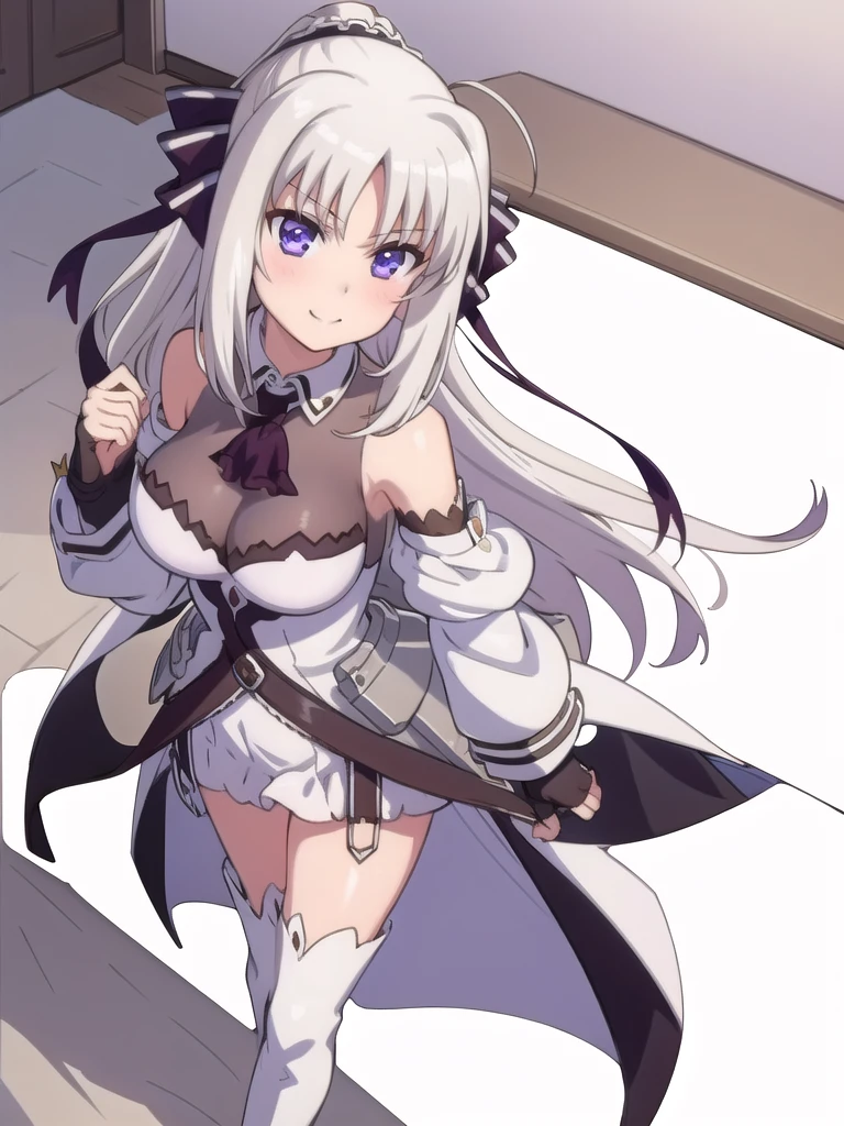  score_9, score_8_up, score_7_up, source_anime, rating_safe BREAK 1 girl, solo, ((indoor)), best quality, high quality, ultra detailed, detailed fingers, ((white hair)), rinne_bj, ((white thigh-length boots)), absolute territory, bare shoulders, ((thigh-high boots)), black gloves, black ascot, fingerless gloves, puff sleeves, skirt((black sleeves)), ((separated sleeves and shoulders)),
 female standing, long hair, looking at viewer, purple eyes, ahoge, v-shaped eyebrows, large breasts, hair ribbon, ponytail, bangs, full body, seductive smile,
