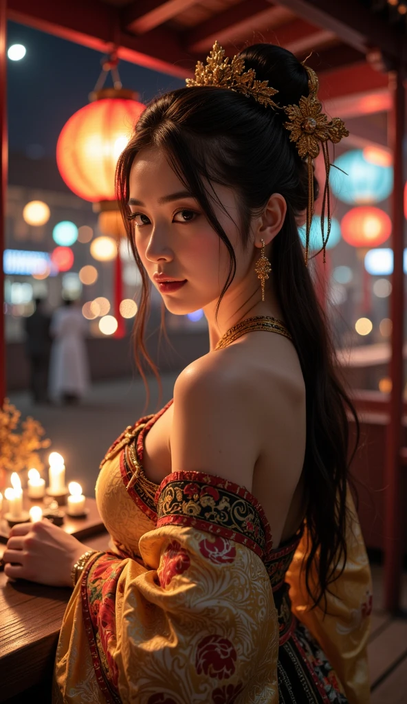 18 year old cute chinese young girl,(chinese hanfu:1.3),Cinematic Lighting,(from_above:1.3),backlight,low light,late night,real human skin,colorful,very detailed,stunning details,classy,big breasts,looking_back,