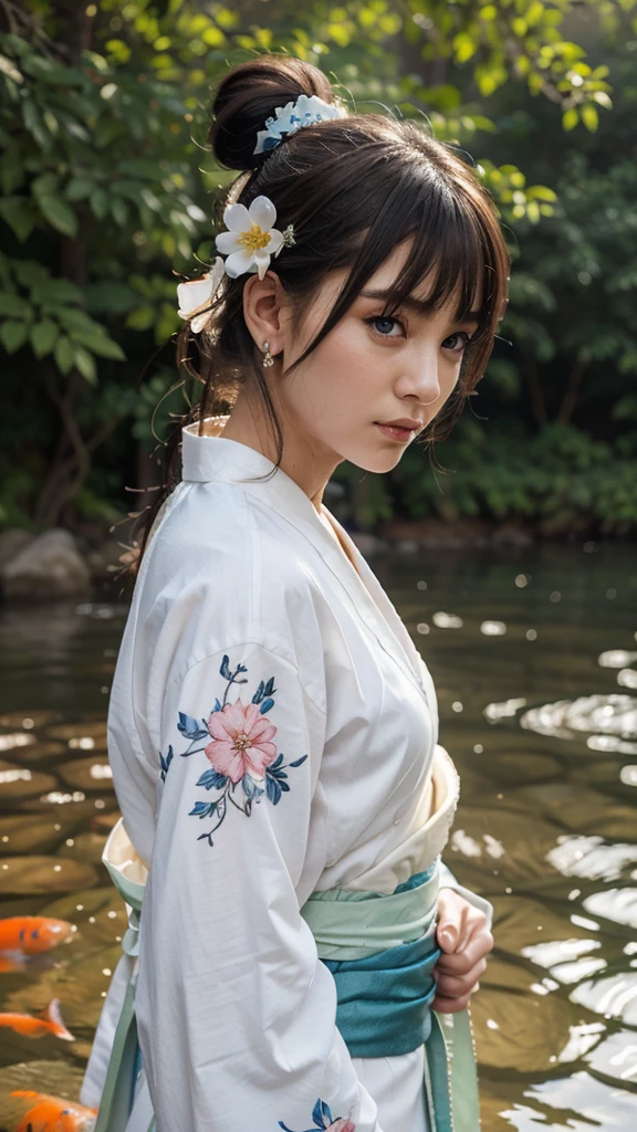 crying japanese girl wearing office uniform sitting under running water of the shower, wet clothes, best quality, ultra realistic, perfect body, beautiful face, sad face, 