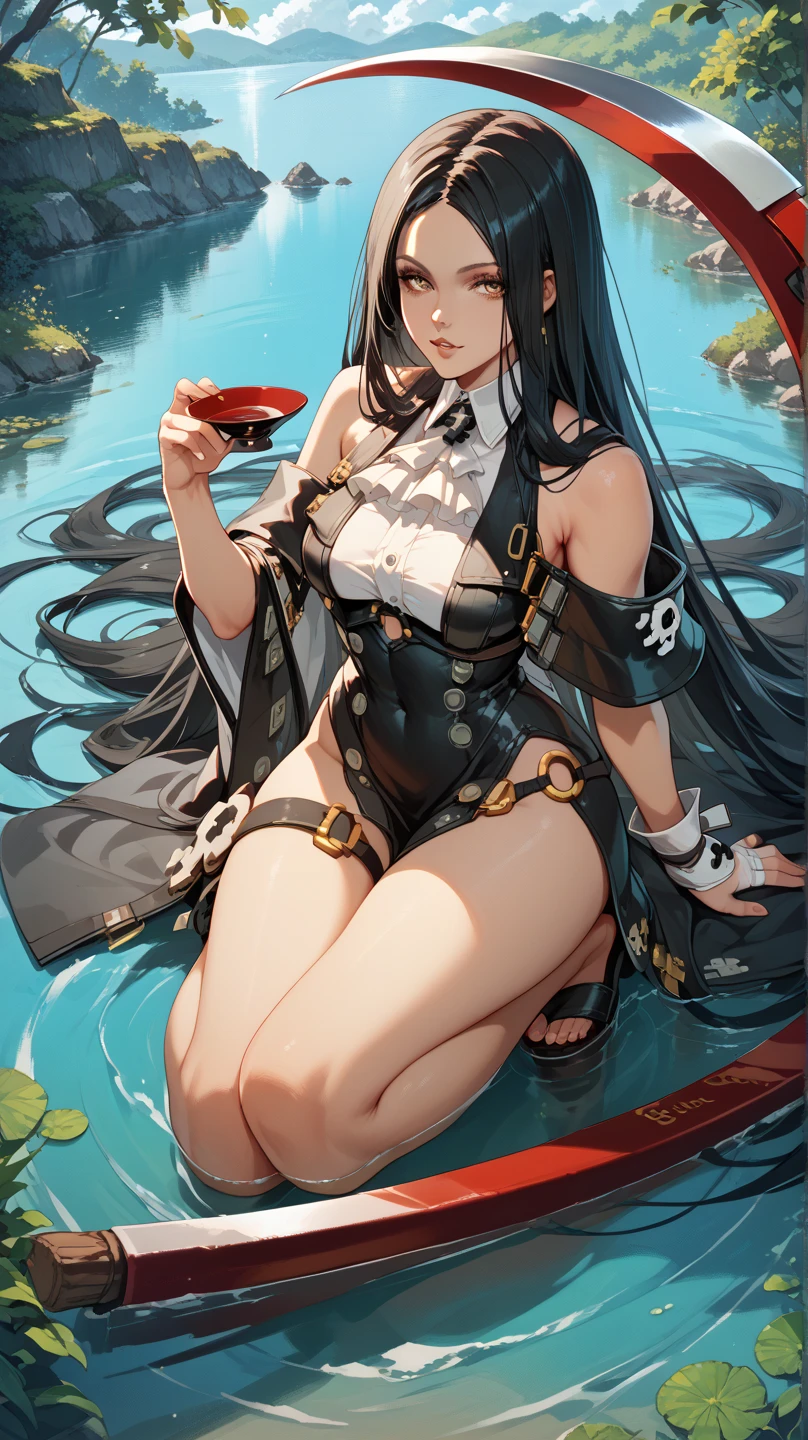 1个Giant Breast Girl,whaite hair,lusty smile,Be red in the face, with her mouth open,bshoulders,Black gloves,Sitting on the steps,Two legs,legs focus,Black stockings,from below,black heels,wetclothes,steamy,heart - shaped pupils,crossed legs,The barefoot,Erlang legoot control