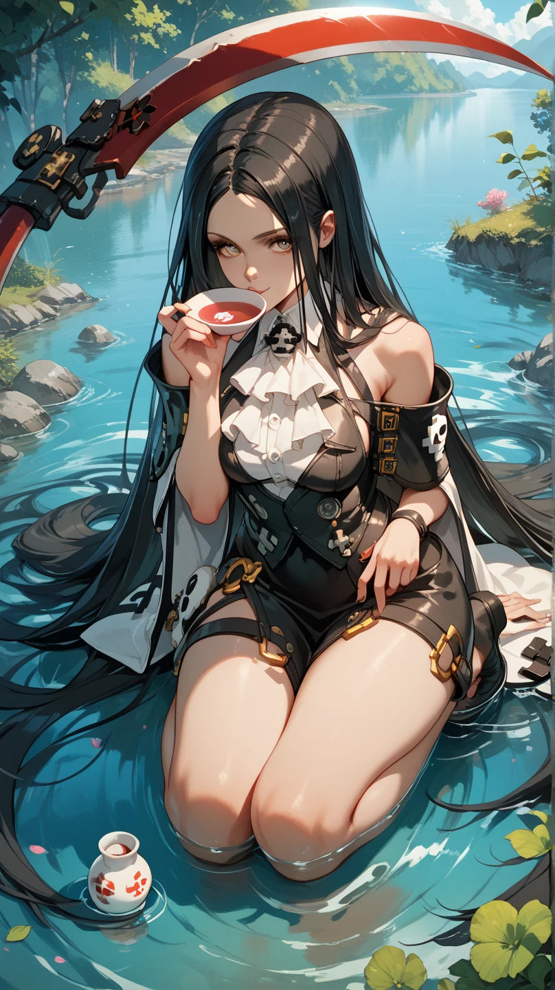 highest quality、(real、photorealistic:1.4)、(RAW photo:1.2,(Curve,Model,glamor:1.5),Beautiful breasts,(from below:1.2),(from side:0.9), ((Face)), (Close-Up:0.4), ((looking at viewer, holding a cup of coffee)), highest quality、(real、photorealistic:1.4)、(RAW photo:1.2),highest quality,(masterpiece),(((Whole body image))),(a 18yo girl), (Highly detailed face),Slightly round face, (Tan brown face:1.0), Boyish beauties, beautiful face, Beautiful lips,Baby Face,(Big eyes),((black,hair,long pony tail hair)),thin pubic hair,cute,lovely,(strong silver hair:1.2),(blunt bangs),(Brown skin:1.0),(Military uniform, bulletproof jacket),nice companion,delicate body、thin legs,beautiful black dress,black gloves, black thighhighs, white panties,(double breasted,under bust:1.2)in the kitchen Woman in survival mode,Sexy thighs,Heat,Sweat heavily,Tropical forests,During a break,sit cross-legged on the ground,The way the light shines is beautiful, Beautiful buttocks,(with sparkling eyes and a contagious smile),little open mouth,black suspenders,Bulging big,breasts,walls: Black miniskirt,garters,Gaze,Small face,bangss,holster,Beautuful Women,hands up,leg holster,Gaze,black boots panty shot, provocation,flank,flank sweat soio,arm,,narrow waist,(with sparkling eyes and a contagious smile),her thin pubic hair, looking at viewer, pose muy sexy"