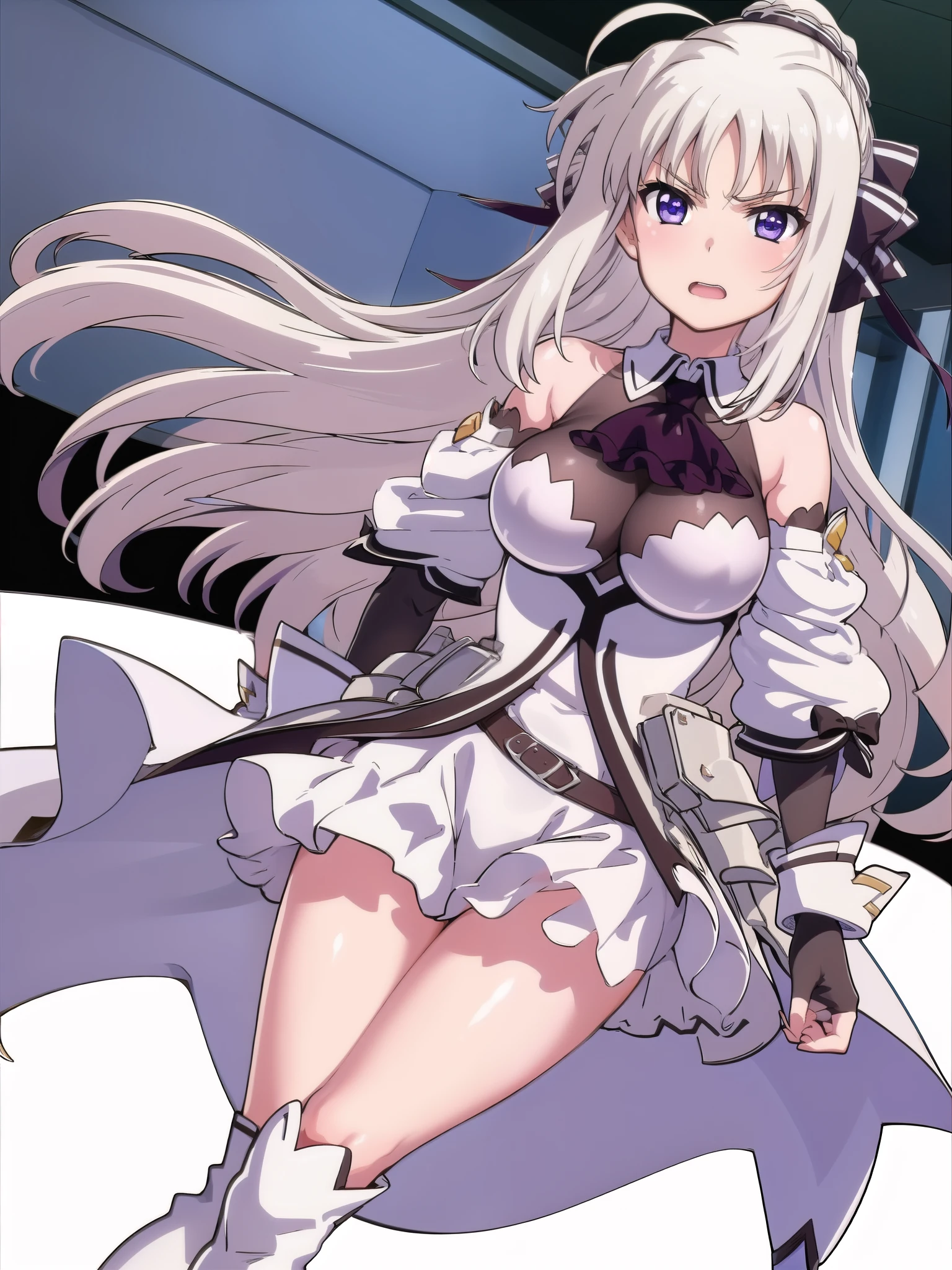 score_9, score_8_up, score_7_up, source_anime, rating_safe BREAK 1 girl, solo, ((indoor)), best quality, high quality, ultra detailed, detailed fingers, ((white hair)), rinne_bj, ((white thigh-length boots)), absolute territory, bare shoulders, ((thigh-high boots)), black gloves, black ascot, fingerless gloves, puff sleeves, skirt((black sleeves)), ((separated sleeves and shoulders)),
 female standing, long hair, looking at viewer, purple eyes, ahoge, v-shaped eyebrows, large breasts, hair ribbon, ponytail, bangs, full body, angry,
