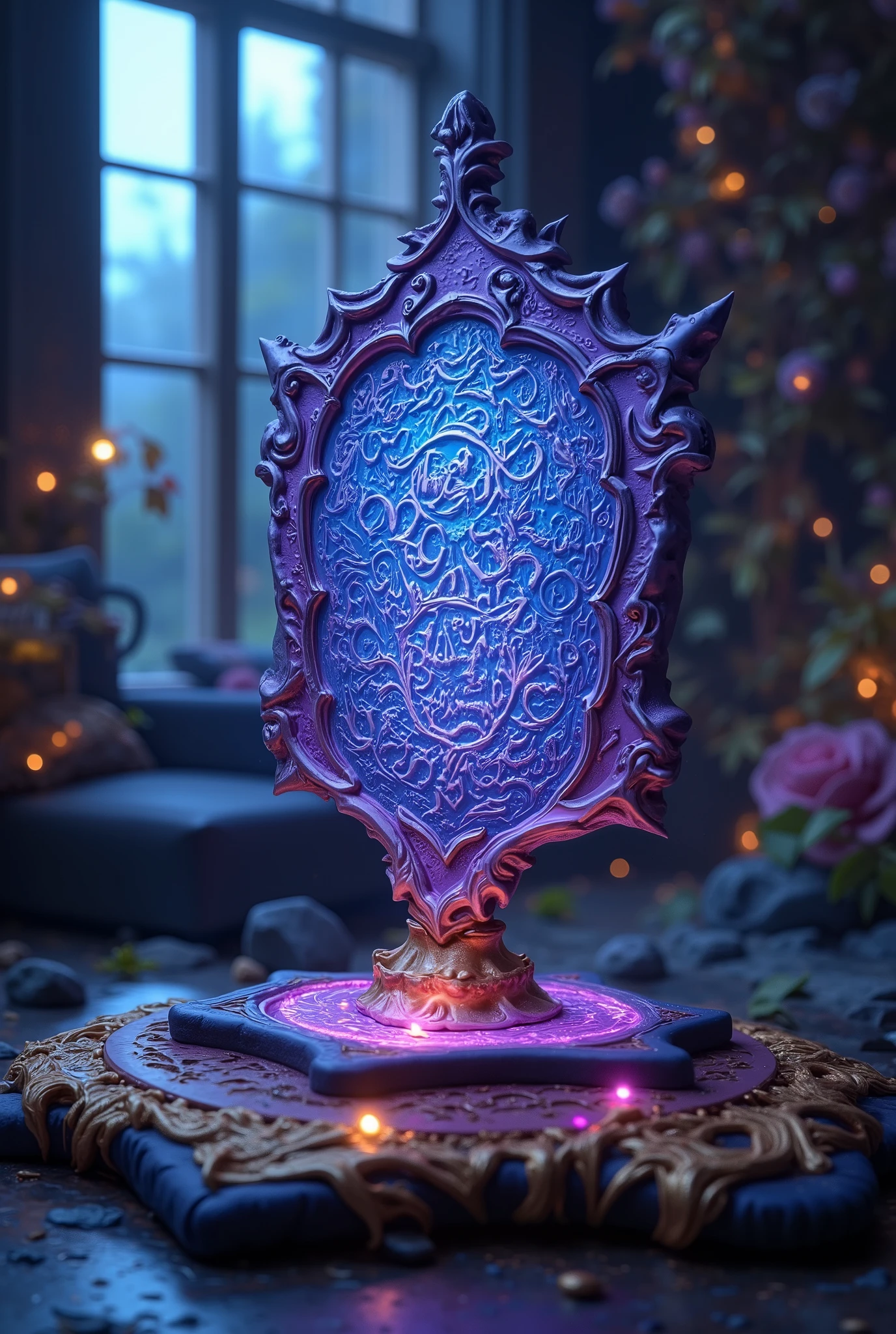  A beautiful plaque with runic scripts sparkling bluish-purple ,  stands on a small stand with golden leaf patterns , beautiful gentle color ,  At night, moonlight makes its way through the window and shines on the plaque ,  rays exhaust the silvery glow like a haze and magic happens around,  beautiful colors ,  Better quality , ultra details, 16K,  complicated details ,  masterpiece,  maximum quality , fantasy style, Fantasy,  