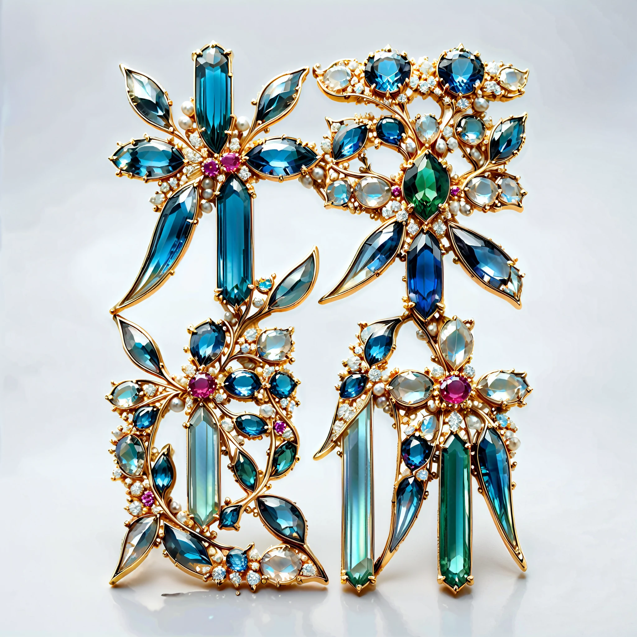 masterpiece. exquisite brooch , Depicts a Malagasy tourmaline wing , precious gemstone . Exquisite craftsmanship . high quality . excellent improvement . (( super detailed )). Table decoration , and beautifully decorated jewels with mother-of-pearl , opal, ruby. lapis lazuli. masterpiece hors norme. A gorgeous and authentic . ultra-realistic .. (( white background ))