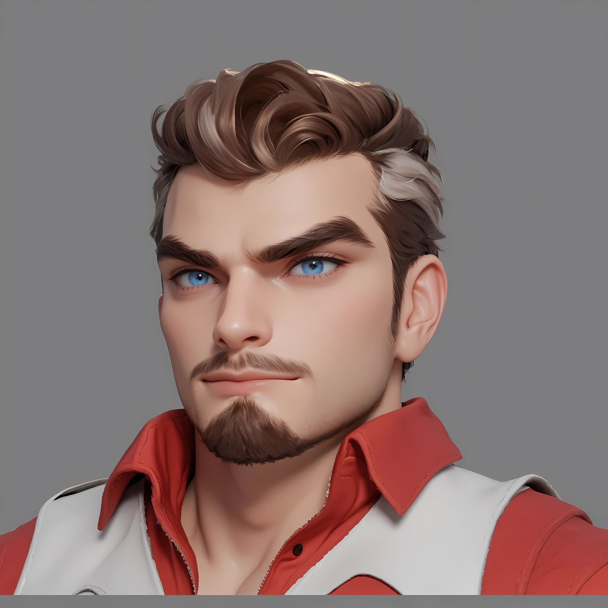 cartoon character,man, Italian mafia image , brown hair , with a hint of white hair above the ears, blue pupils, More pupil details ,A brown beard on the chin , fierce and serious expression , Wearing a red shirt ,White vest,white suit vest,The lower body is wearing black jeans,Brown leather shoes,UE5 Rendering,3D Rendering,Cartoon shading,3D Model