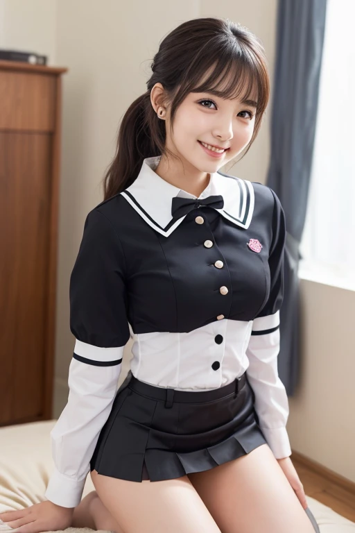 Iris, woman1名, (woman)), alone, Genuine, highest quality, photoGenuineistic, masterpiece, 8k, High Definition, alone, High Definitionの顔, Soft lighting, Bedroom, ((Daytime)), null, (looking at the camera), (Portraiture: 0.6), whole body, (Medium Hair), ponytail, Brown Hair, Floating Hair, lips, lipstick, seductive smile, Floating Hair, smile, Open your mouth, teeth, eyelash, Nogizaka46, Moeka Tada, Akari Suda, Idol, beautiful girl, ((uniform)), (((Are standing))