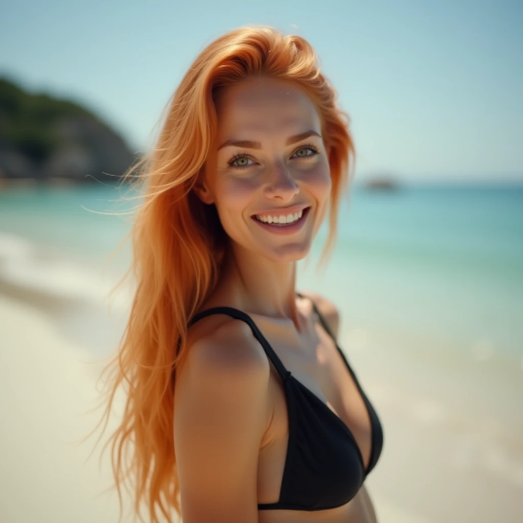 Adorable jeune femme rousse allongée sur le sable en maillot de bain rouge a rayures blanche . Longhaire, Regardant le spectateur, ssmile, blue eye, very long hair, Parted Lips, front teeth,