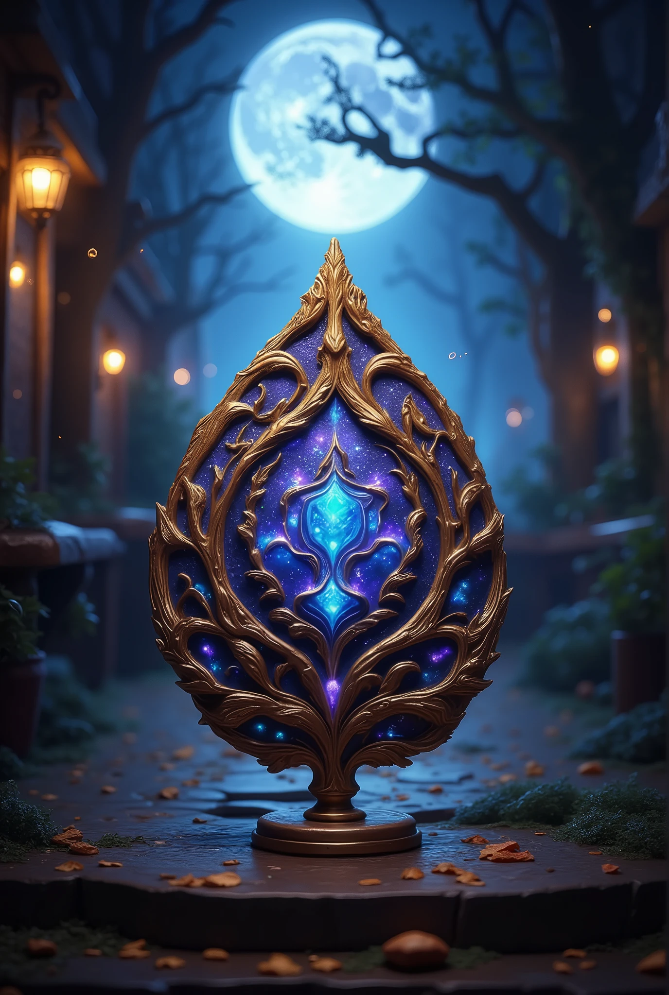 A beautiful leaf-shaped plaque made of stone with runic letters sparkling bluish-purple, stands on a small stand with golden leaf patterns , beautiful gentle color , At night, moonlight makes its way through the window and shines on the plaque , rays exhaust the silvery glow like a haze and magic happens around, beautiful colors , Better quality , ultra details, 16K, complicated details , masterpiece, maximum quality , fantasy style, Fantasy,