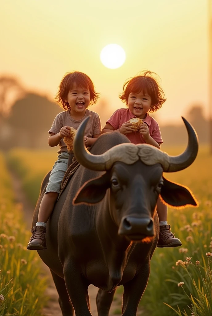 some Indonesian boys aged 3 years, running carrying a large sized beef, it is very visible on their faces carrying heavy meat, which will be distributed to the citizens, countryside, on the day of Eid al Adha