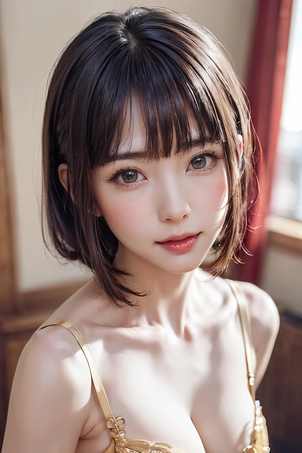 Tabletop, Highest quality, One Girl, (beautiful girl, Delicate girl:1.3), (23 years old:1.3), Definition of very fine particles, (Symmetrical eyes:1.3), night, ( Off the shoulder、White camisole、Loose cardigan:1.2), Small breasts, Cleavage、Brown eyes, Show your forehead, Brown Hair, (Eye and facial details:1.0), (RAW Photos, Film Grain, chromatic aberration), (Bokeh: 1.1),,thin、Tear bags、Tanuki face、Drooping eyes、bob cut