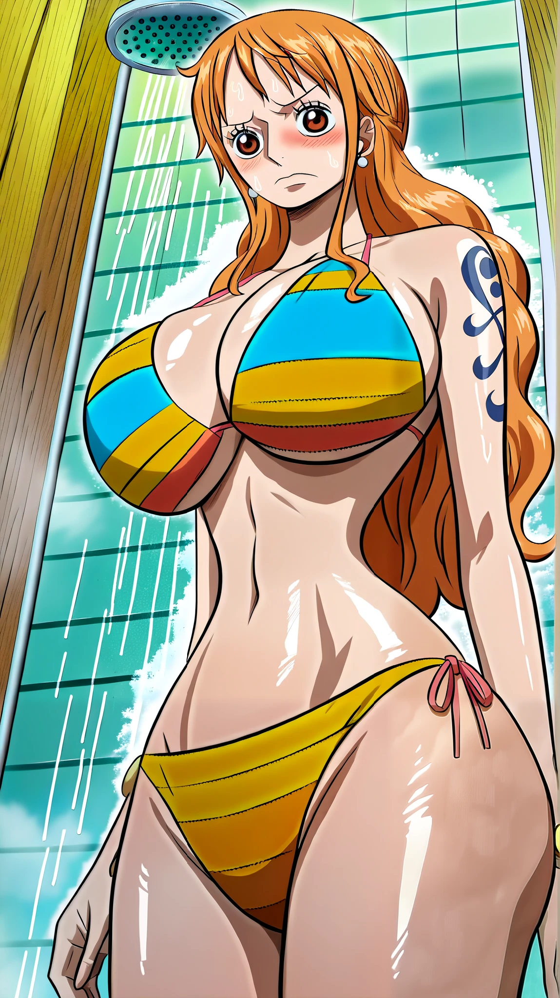 Source_9_up, Source_8_up, source_7_up, source_6_up, source_5_up, Source_MILF, Source animé (One piece), source Hentai Doujin expressive , source hentai, Masterpiece, best quality, Amazing quality, stunning quality, newest, style amime, anime, anatomically correct, detailed, high detailed, super detailed, textured skin, earring, detailed face eyes and skin, detailed face and eyes extreme detail, skin detailed, brillant skin, Dynamic skin, Style Kawaii, Dynamic lightning, surreal, 8k wallpaper, stunning quality, cute and sensually, 1Milf Mature mommy, 40s, Nami, embarrassed, massive corpulency, Dream body, milf body, Milf, Massive large Breasts, Massive Huge Ass, massively huge ass, Bikini, Body very exited, oiled body, Dutch angle, from below, Shower