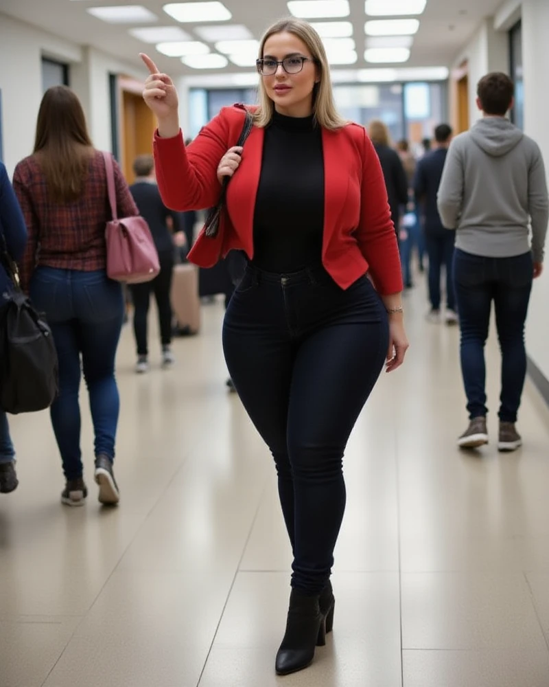 POV, HR manager in France, large hips, big breasts, plump figure, big ass,, short blonde hair, wearing round metal-framed glasses, a red blazer, black turtleneck, slim-fit black jeans, and ankle boots, standing in a busy office hallway. She points a finger at you, her expression stern, her voice raised as she reprimands you in front of passing colleagues. Background of a brightly lit hallway with office doors and bustling activity, intense and uncomfortable atmosphere