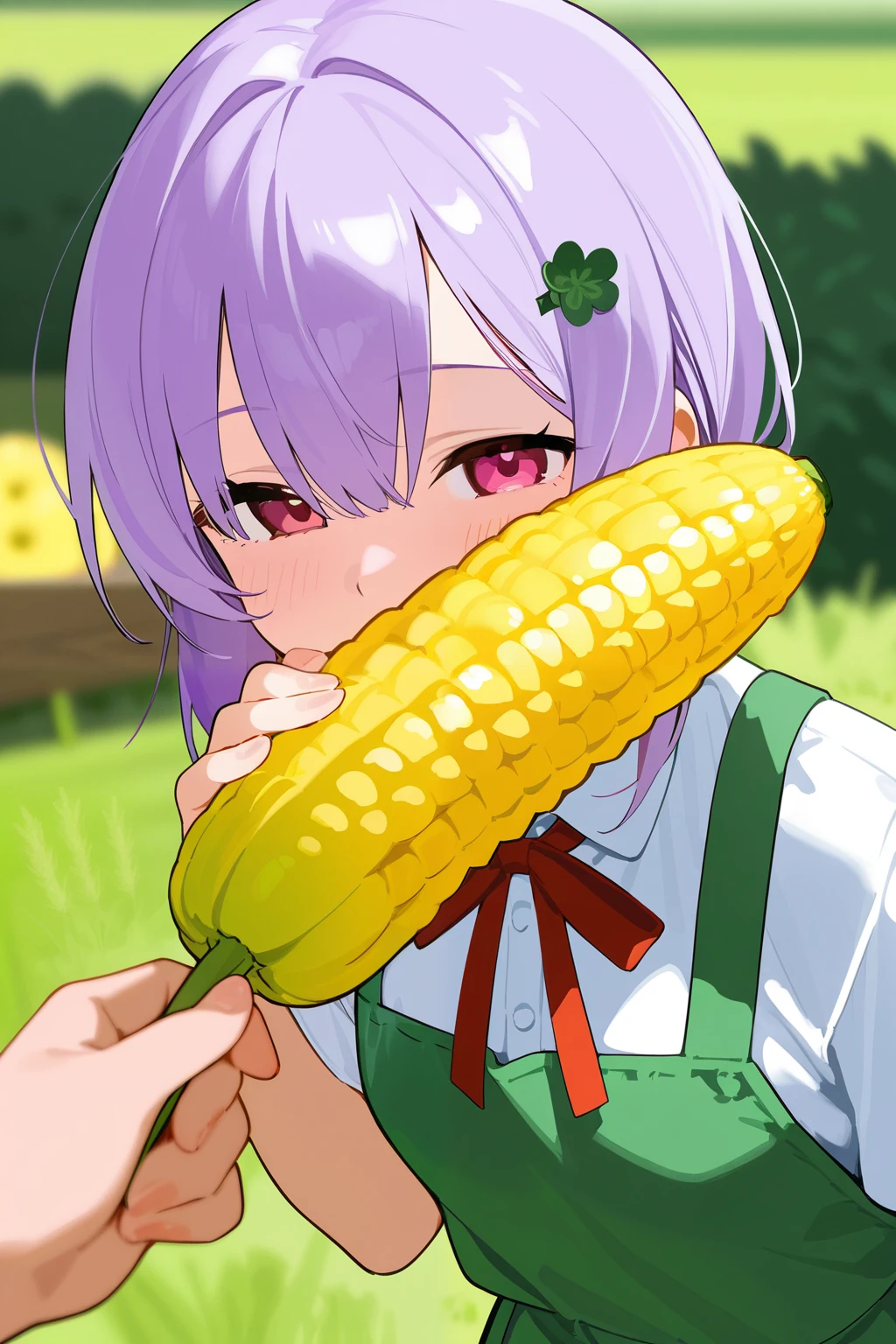 women in agriculture、 Laugh happily while showing off your corn harvest Miku doll、Beautiful pictures of farm work