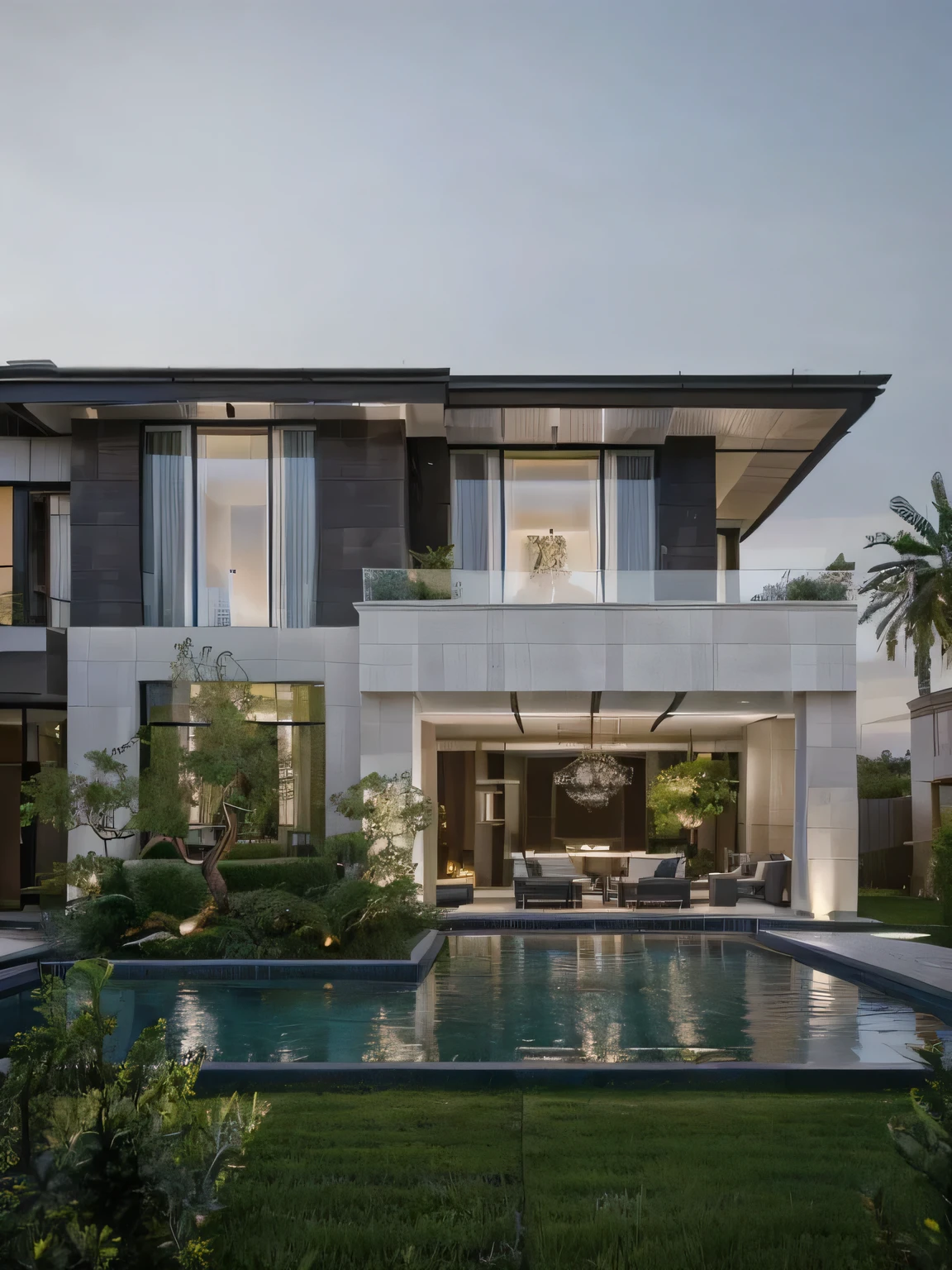 (masterpiece),(high quality), best quality, real,(realistic), super detailed,(full detail),(4k),8k,modern house exterior design,Modern architecture,white_house,Beautiful_sky,sunrise_light,(gentle light),((no_strong_contrast)), no_humans, outdoors,sky,((Tropical_trees)),Coconut_trees,Palm trees,Pool and Garden_flower_front_of_building,pool villa,(strong interior light),