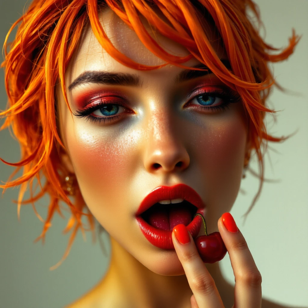 High-quality realistic acrylic art, vivid colors, 1girl, Dutch angle shot of a beautiful young woman, big clear eyes, eye contact, blowing a kiss, (medium breasts:1.2), (topless:1.1), choker, front view, parted lips, pulpy lips, bright orange hair, short messy hair, bangs, highly detailed, soft tones, extreme detail, dark background, (detailed textures:1.1), (plain background:1.2), gradient background, dramatic light, happy smile, hands reaching towards camera, high DOF.