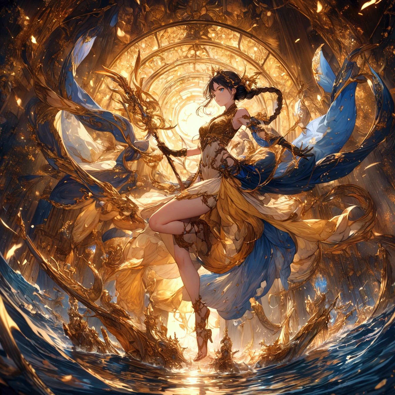 Ground glass,1girl,solo,kuri style,long legs,imid shot,macro shot,Splash ink,Ink style,illustration,Detailed text,exaggerated perspective,extremely low perspective,panorama,
figure,Ink style,Combat posture,A shot with tension,detailed background,Double exposure,Buddha statue,(full body:1.5),
line,badge,pattern,ultra realistic 8k cg,Splattered black ink,flawless,clean,Extreme flowing hair,masterpiece,professional artwork,famous artwork,cinematic lighting,cinematic bloom,(full body:1.2),((nagative space:0.8),(drawing board:1.3), (ether colorful ink flowing:1.3),gracefully twirls amidst a captivating whirlwind of vibrant silk ribbons, employing dynamic lighting to enhance the sense of motion and the striking colors, Meticulous brush,Freehand splash ink, xuer Ancient style ink, xuer mind bending murals,,<lora:~Q? l4_ih<n\ xuer mind bending murals:0.7>,,,