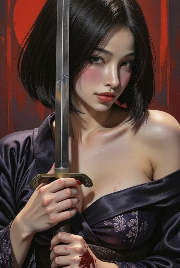 A seductive girl, direct gaze, short black hair, pale skin, kimono, off shoulder, cleavage, both hands on the hilt of a katana, blood splatter, red light illuminating one side of face, silhouetted, chiascuro, dark fantasy oil painting, dynamic angle, aesthetic, drkfnts style