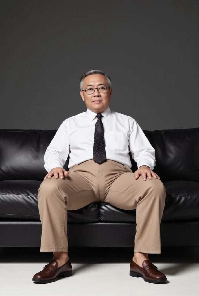 raw 4k photo, full body view, a 78 year japanese old man, looking straight at viewer, medium build body, short grey/black colour thinning hair, clean shaven, glasses, silver frame eyeglasses, wearing white shirt and tie, a hugging tight dark beige colour trousers, brown loafer shoe, sat on a big black leather sofa in his modern architecture livingroom, Dark gray colour wall background, face looking straight at viewer, spread legs wide open, showing his small bulge, highly detailed bulge, large testicles print outline, highly detailed bulge with penis print outline, shp highly detailed, exceptional realism, bright lighting, hyper realistic,, highly detailed, exceptional realism, highly detailed, hyper realistic 