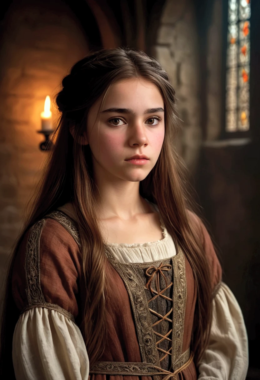 um fundo escuro , With a little girl on the freight with brown hair and honey-colored eyes from medieval times very beautiful