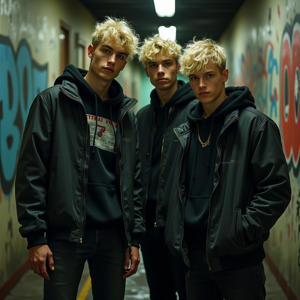 14-YEAR-OLD BOYS, CLOSEUP, WITH LONG BLONDE HAIR, WITH RED LEATHER JACKETS AND BLACK CLOTHING, ON A RED BACKGROUND WITH MANY CHAINS, FLOOR WITH CHAINS, CEILING WITH CHAINS.
