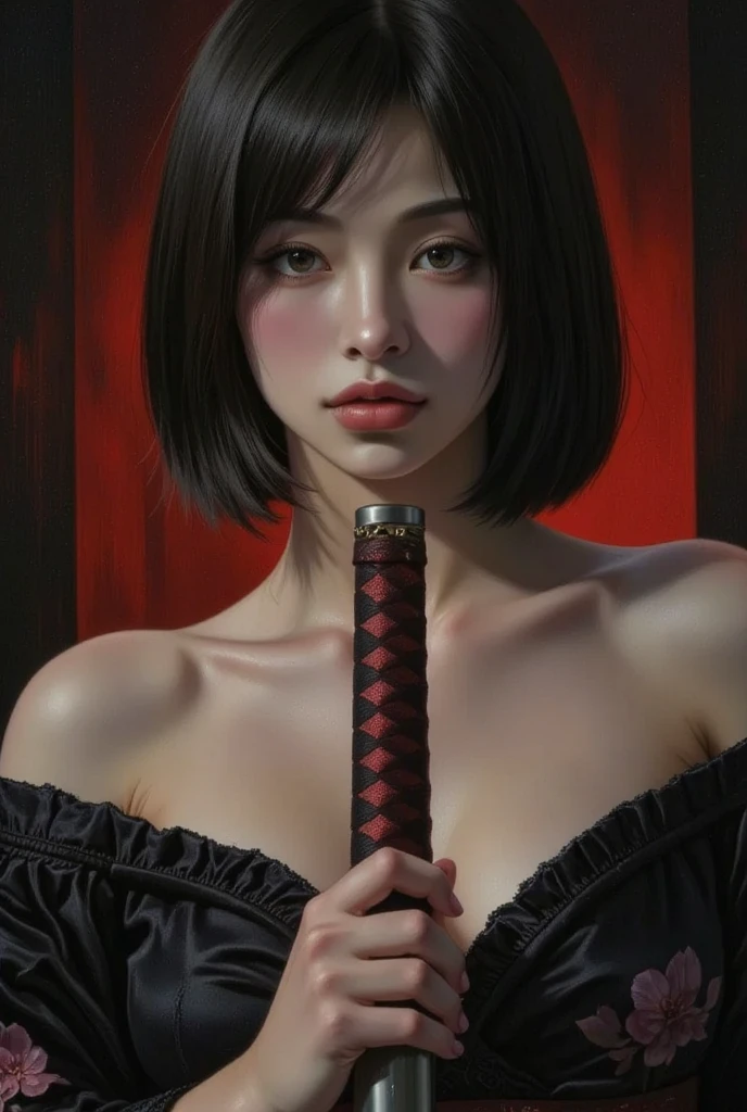 A seductive girl, direct gaze, short black hair, pale skin, kimono, off shoulder, cleavage, both hands on the hilt of a katana, red light illuminating one side of face, silhouetted, chiascuro, dark fantasy oil painting, dynamic angle, aesthetic, drkfnts style