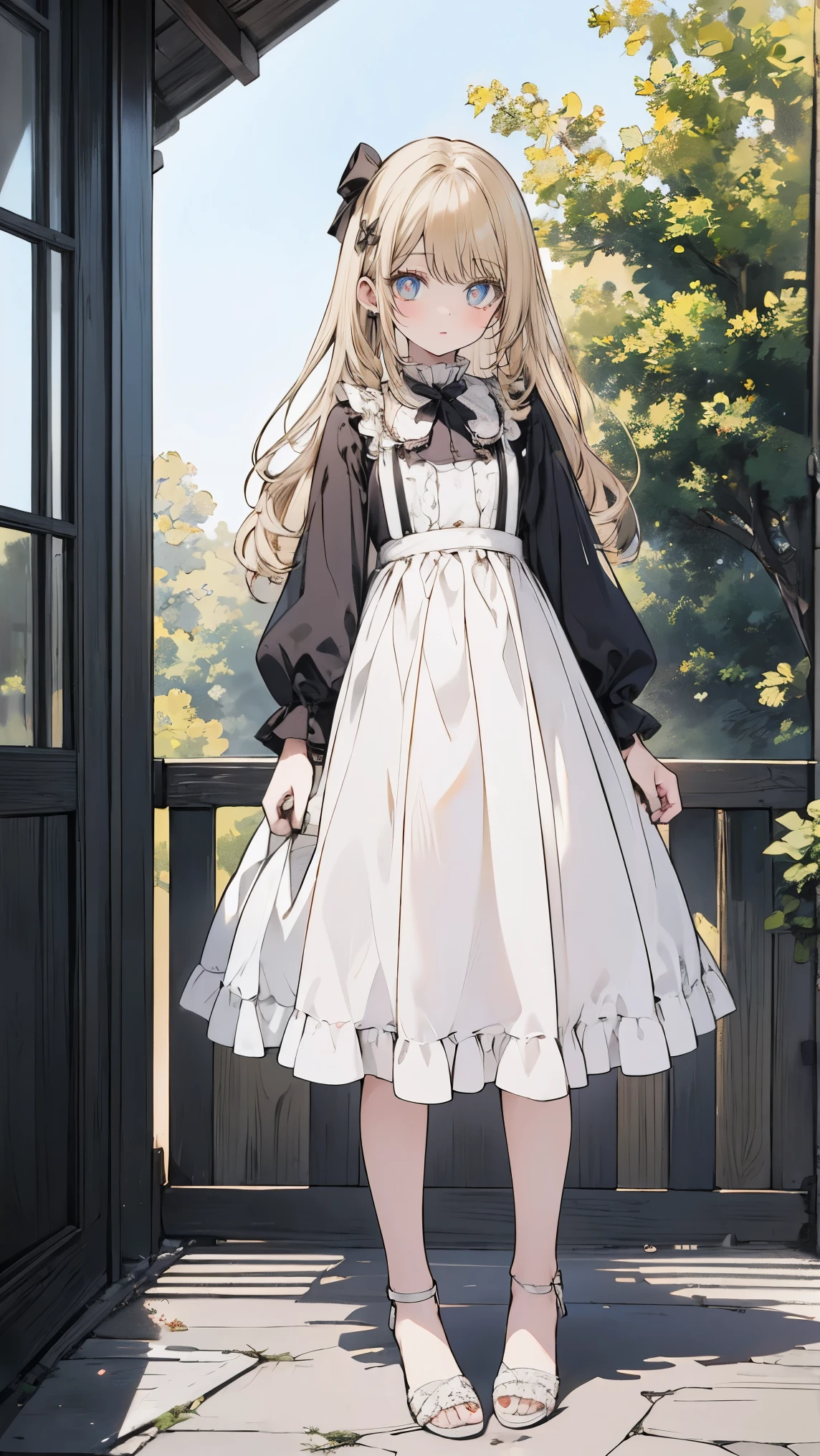proportional body, realistic fingers, natural facial features,anatomically accurate,High Quality,Amazing Details,ultra high resolution,(realism:1.4),best illustration,(full body image from head to toe:1.2),Amazing details, 8k photos, Hyper realism, Professional Light, Realistic Background, Visual depth, Background blur, Wide-angle lens,(cute flat chest), 1 girl,colored eyes,blonde long hair, (cute lolita fashion),cute porch, at street