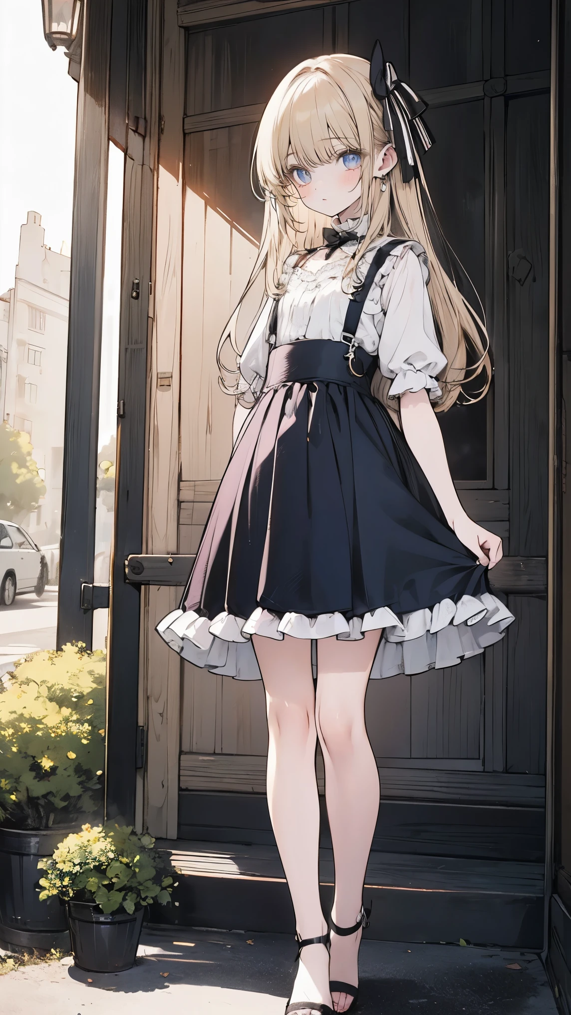 proportional body, realistic fingers, natural facial features,anatomically accurate,High Quality,Amazing Details,ultra high resolution,(realism:1.4),best illustration,(full body image from head to toe:1.2),Amazing details, 8k photos, Hyper realism, Professional Light, Realistic Background, Visual depth, Background blur, Wide-angle lens,(cute flat chest), 1 girl,colored eyes,blonde long hair, (cute ta fashion),cute porch, at street