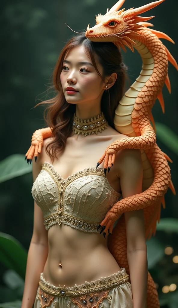 (((super weight milk)))、(A fierce battle with the dragon)、highest quality、masterpiece、ultra high resolution、(白Dragon Armor)、Dragon Armor、(wears a beautiful crown made of precious stones)、(Photoreal:1.4)、Raw photo、1 girl、golden hair、glowing skin、(((chinese dragon)))、(Expression like a gorgeous jewelry necklace)、(Fight against big dragons)、with a beautiful knife、(white metal bodysuit)、(beautiful forest background)、sheer cliff、(Small LED)、((Super realistic details))、Portrait、global illumination、shadow、octane rendering、8K、super vivid、big breasts、Raw skin exposed in cleavage、Metal、intricate ornamental details、japanese details、yellow eyes、shining eyes、facing the camera、neon detail mechanical limbs)、(Blood vessels connected to the ductechanical vertebrae attached to the back、mechanical cervical vertebrae)Worn on the neck、(Wires or cables connected to the head)、Mechanical thigh、two stock、(Hands are also machine made)、(veil)、