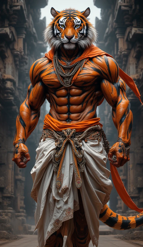 A body builder standing in the street with a red than reading a traditional religious Shiva devotee in India
