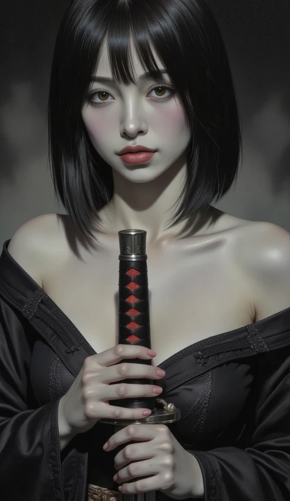 A seductive girl, direct gaze, short black hair, pale skin, kimono, off shoulder, cleavage, both hands on the hilt of a katana, red light illuminating one side of face, red tint, dimly lit, silhouetted, chiascuro, dark fantasy oil painting, dynamic angle, aesthetic, black and white, drkfnts style