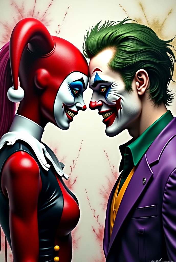 Digital illustration featuring two characters with stylized, anatomically correct facial features in a hyperrealistic style. The joker character on the left has vibrant green hair, fair skin, and a wide, sinister smile with prominent teeth. The Harley Quinn character on the right has a flawless white face, black eye mask, and wears a intricately detailed red and black jester outfit with a red hood. Both characters are leaning over, touching their foreheads and forming a heart shape with their hands, which are dripping with blood. Playing cards are scattered around them, adding a dynamic element to the composition. The dark background is richly textured, enhancing the dramatic and intense atmosphere of the scene. The image has a 4K, award-winning quality with strong colors, sharp contrasts, and intricate details. In the corner, subtly integrated, is the artist's signature `ig´.