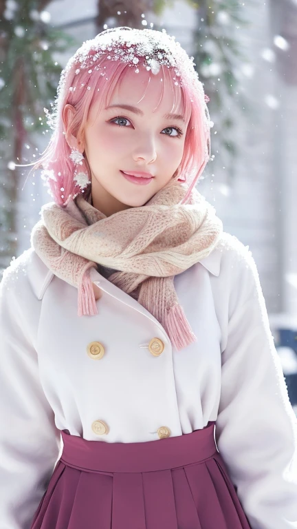 (8K, top-quality, masterpiece:1,2), (reallistic, Photorealsitic:1.37), Super Detail, One girl,), (Highly detailed), (beautifully detailed eyes), (of the highest quality), (super detailed ), (masterpiece), (Detailed face),20yr old, ,1 girl, ((pink hair,Very short hair)), medium breasts, clothed, Perfect Lighting, BREAK (white fur coat:1.3), (red knit sweater:1.2), (black leggings :1.2), (white boots:1.2), (white hat and scarf:1.2), (snow background:1.5), BREAK (upper body to knees:1.2), pink very short hair, bangs cover right eye, smile, look at camera, snow background, nature elements, sunset light, soft shadow on face