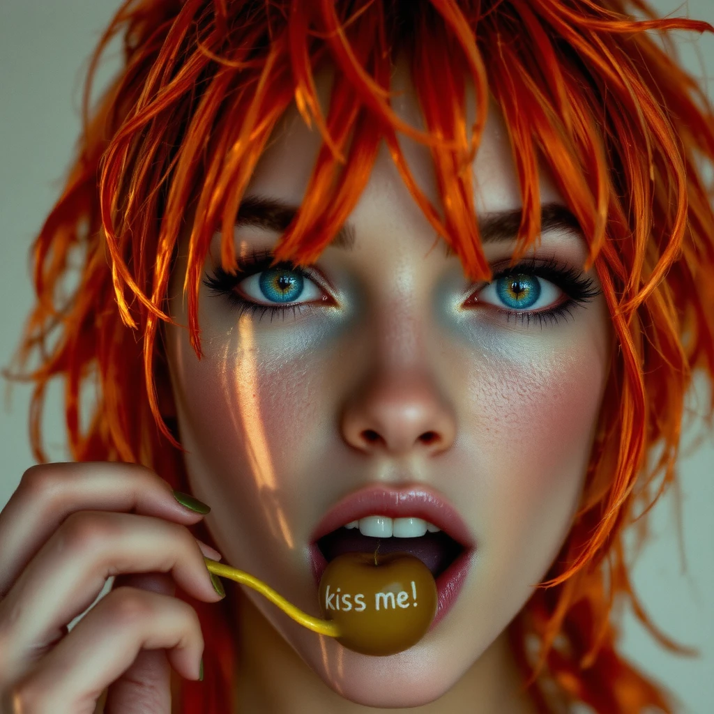 ultra realistic, photography, portrait, upper torso, red haired girl, 20 years old, hourglass figure, perfect body, supermodel, long legs, her wet tongue licking a long spiral lollipop, seductive look, long eyelashes
