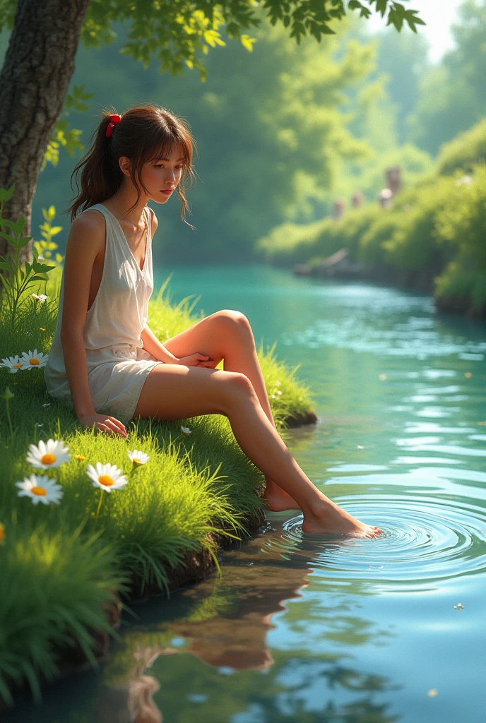 1 girl closes her eyes in the grass by the lake and enjoys the  of masturbation