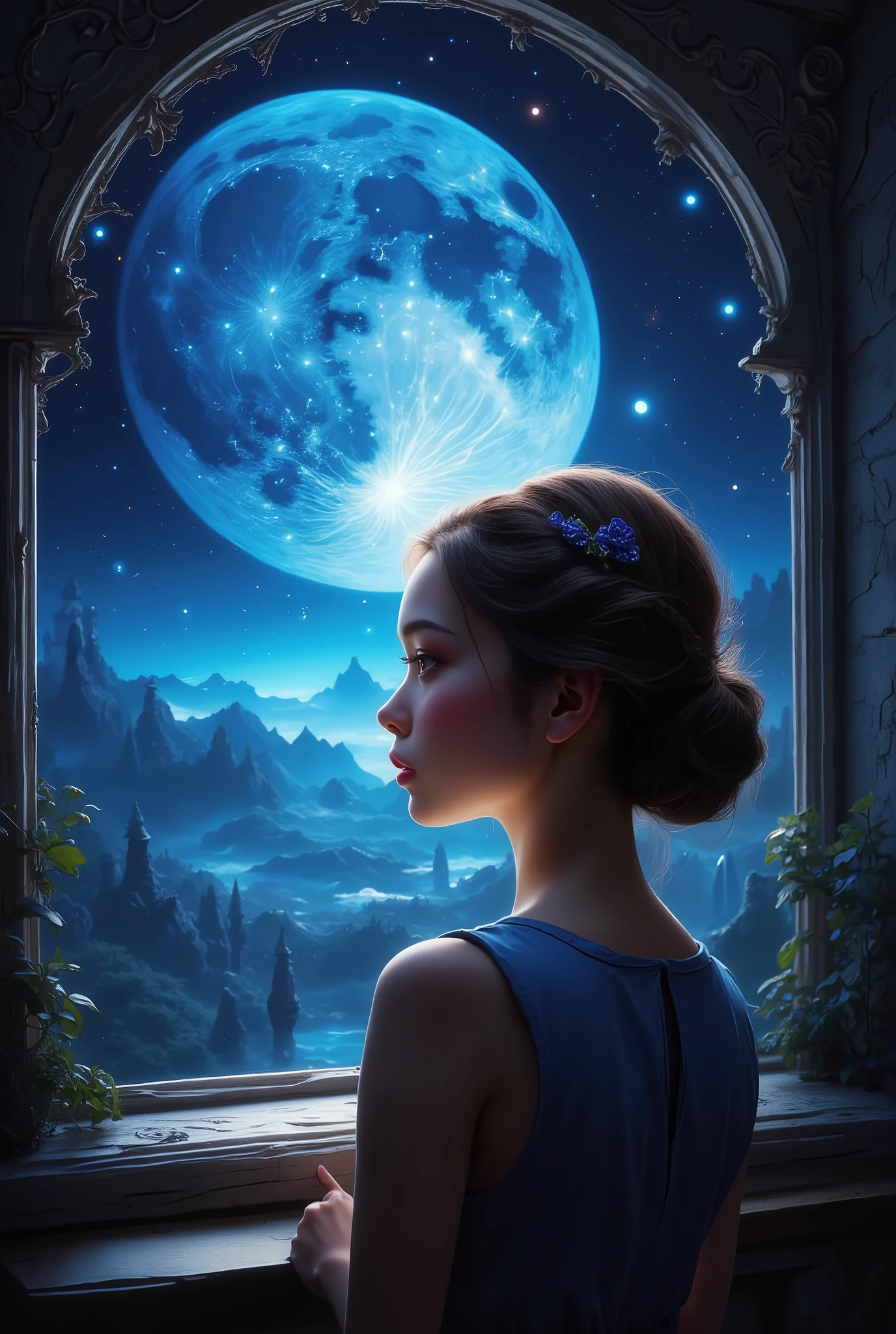  Beautiful Starry Night with Moonlight The view from the Window ,  Sits thoughtfully and looks at the stars and Sky Girl ,  beautiful and Her sweet hair is impregnated with gentle silver glitter ,  and her hair is covered with a bolt braided hairpin with a beautiful bright blue petal pattern,  Light Makeup , Hair neatly folded into a beautiful hairstyle ,  The window frame is made of silver metal with flower patterns ,  The marvelous glow of the moon conveys mysticism and magic , fantasy style,  Better quality , wallpaper,  complicated details ,  maximum detail ,  masterpiece,  maximum quality ,