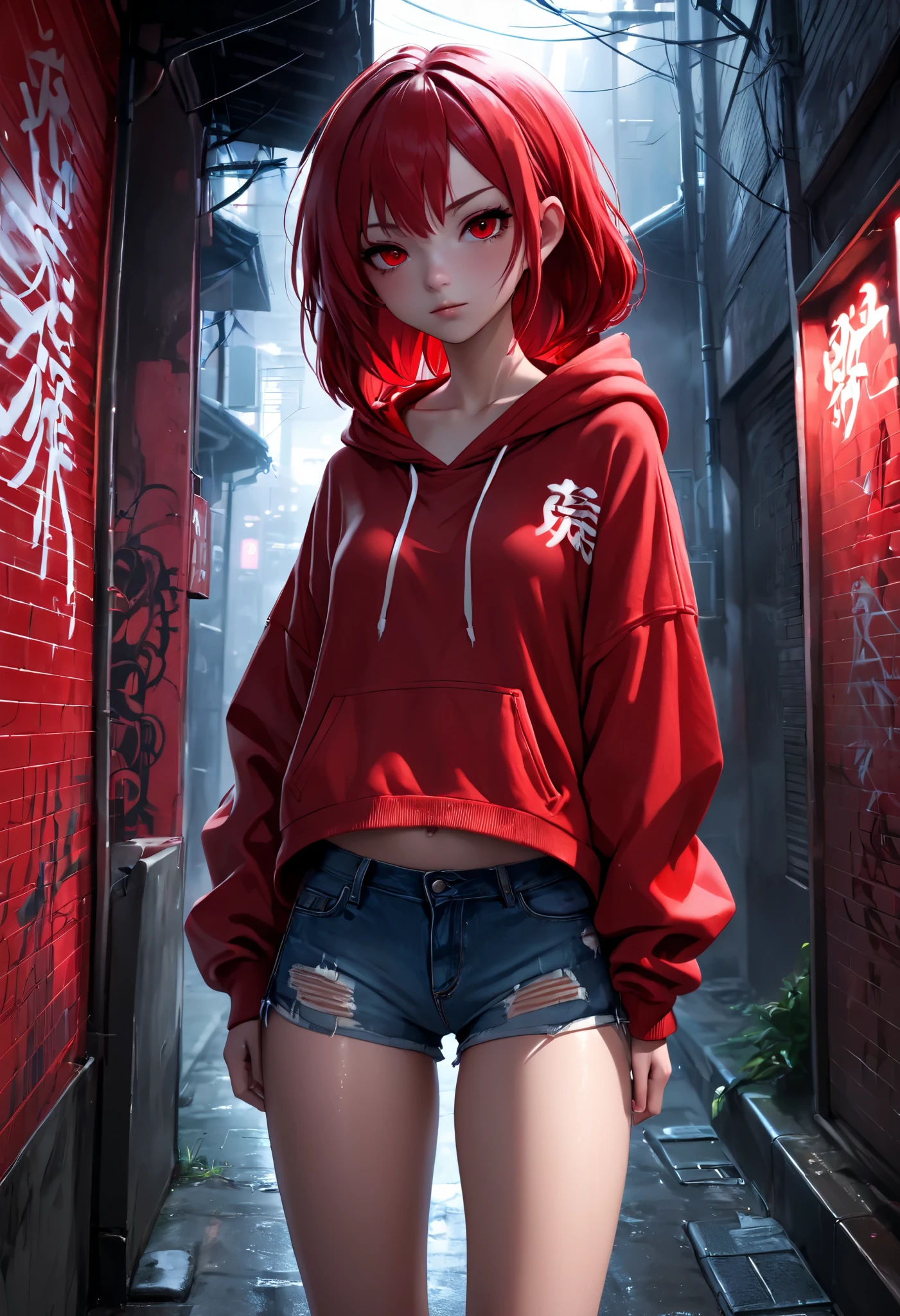 1girl, red sweater, wearing the hood, jean shorts, looking at camera, red hair, red eyes, dark alley, red graffiti, japanese led, fog, 8k, ambient occlussion, focus on subject
