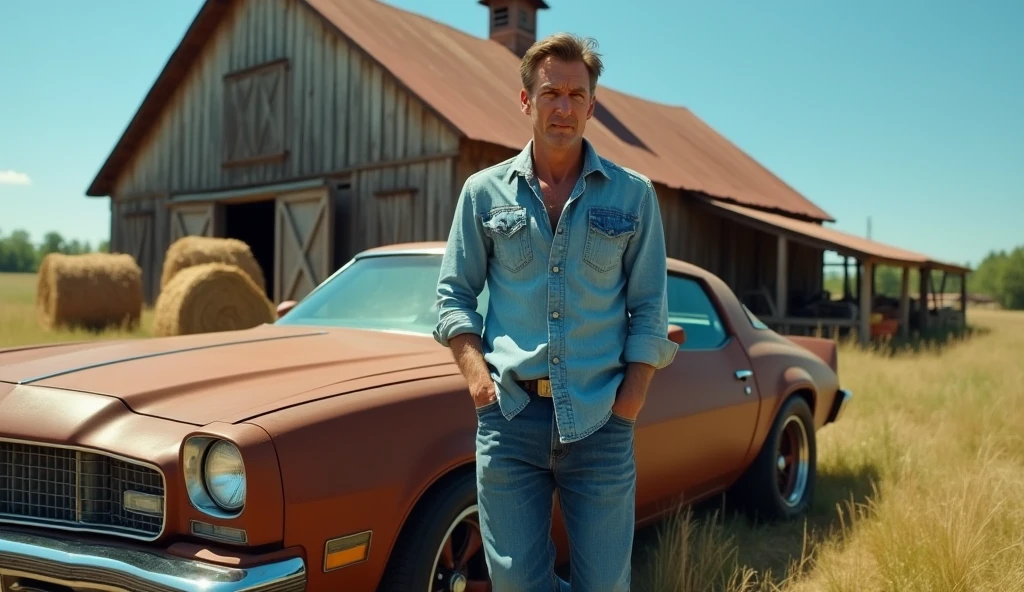 A handsome, attractive man with a hat and a black cowboy dress getting out of a car with a young, handsome, shirtless, skinny, white gay man introducing his grandparents and boyfriends on a farm. The grandparents had clothes on.