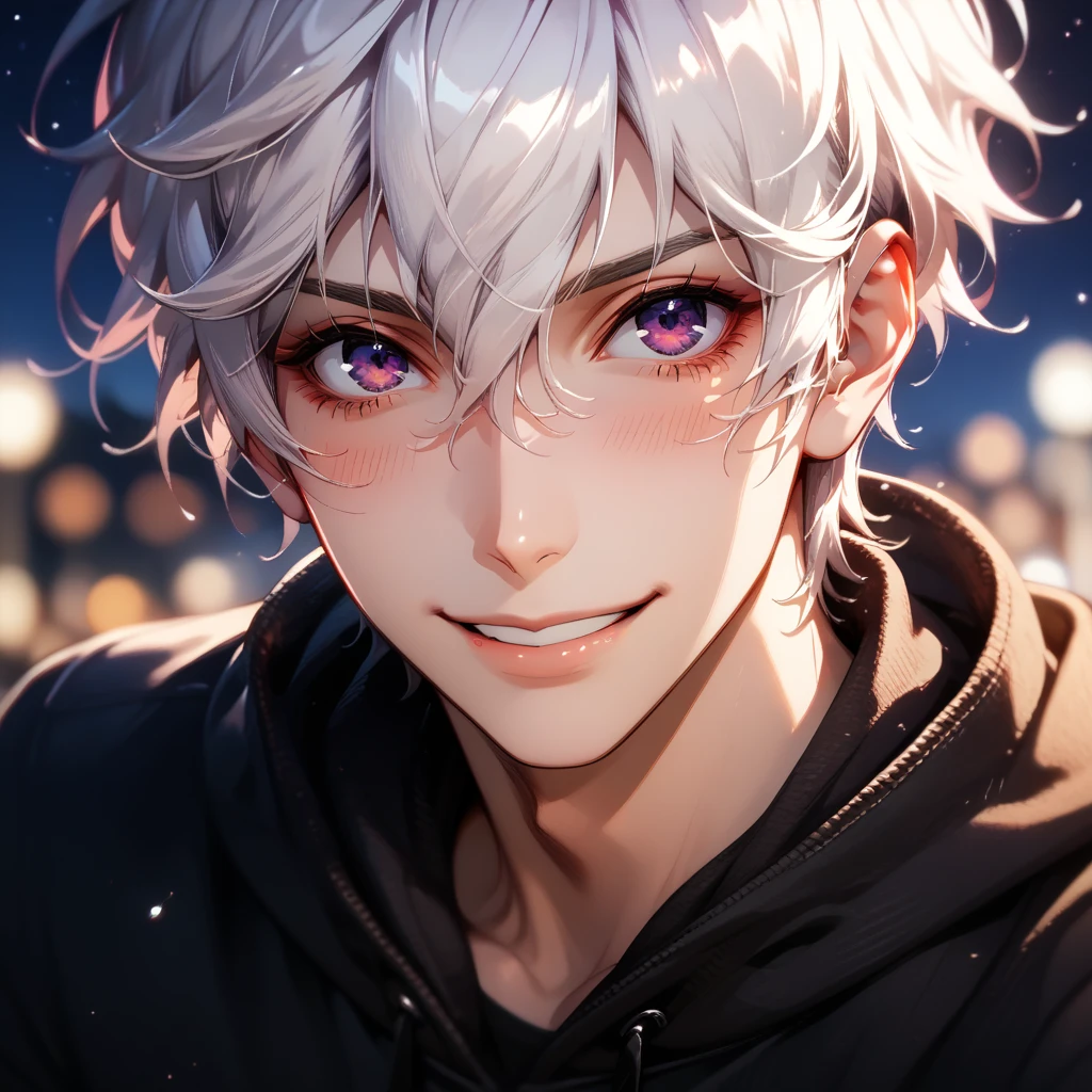 (Masterpiece), best quality, highest quality, highly detailed CG unity 8k wallpaper, original, high resolution, (depth of field: 1.5), fidelity: 1.3, Solo Male, short white hair between eyes, intense purple eyes, cute, small smile, slight blush, purple hoodie, night time, 