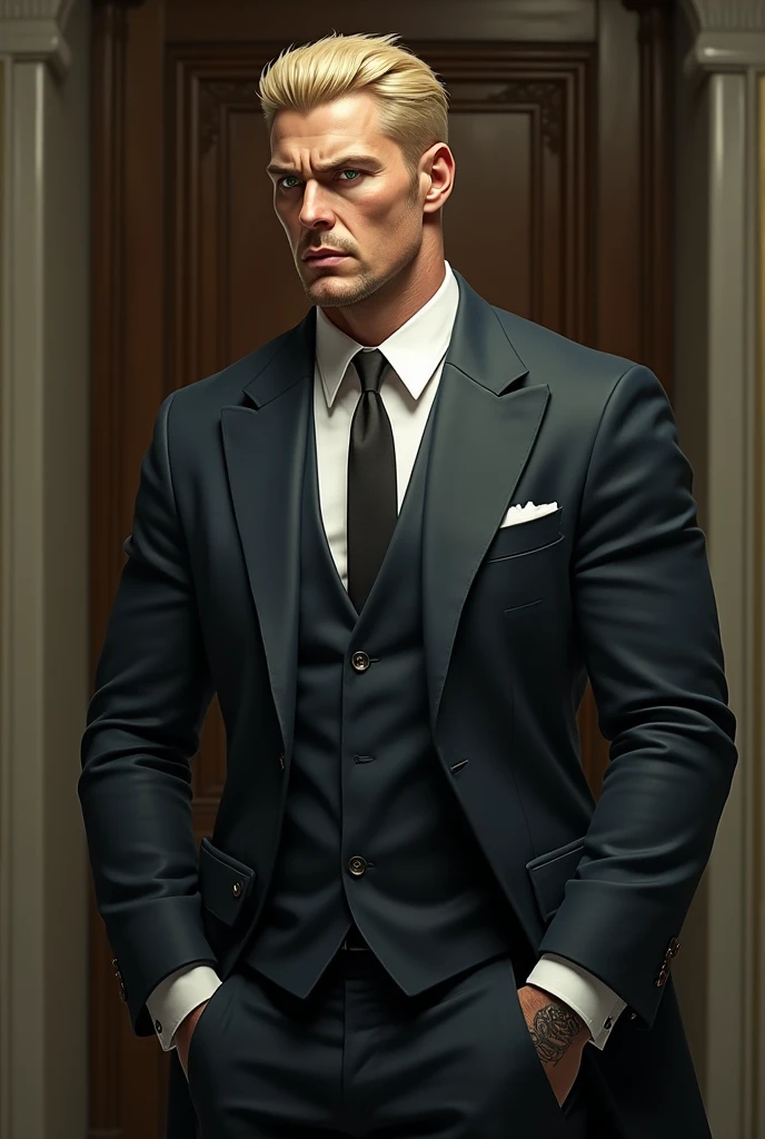 James Bond A professionally dressed male in his mid-40s, featuring short, 1-inch buzzed hair that is slightly receding and thin. The hair has subtle grey streaks. He's wearing a well-tailored dark grey three-piece suit, complete with a vest, jacket, and trousers. His black collared shirt and matching tie are tastefully chosen to work well with the suit. The backdrop is a realistic high-rise office setting, giving the impression that this is a professional portrait taken at his desk.