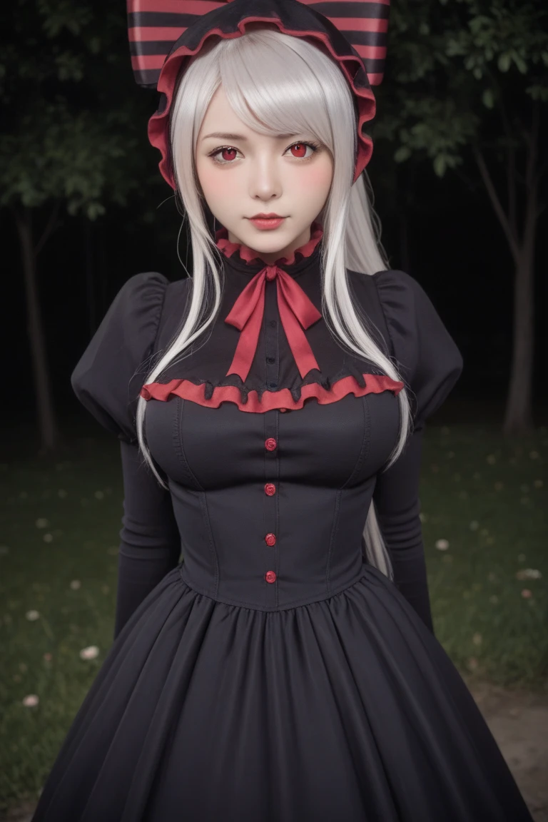 young preteen vampire girl, (vampire:1), (preteen:1.2), (very pale skin:1), (red eyes:1.1), (white hair:1), (cleavage:1), (chubby:1.4),