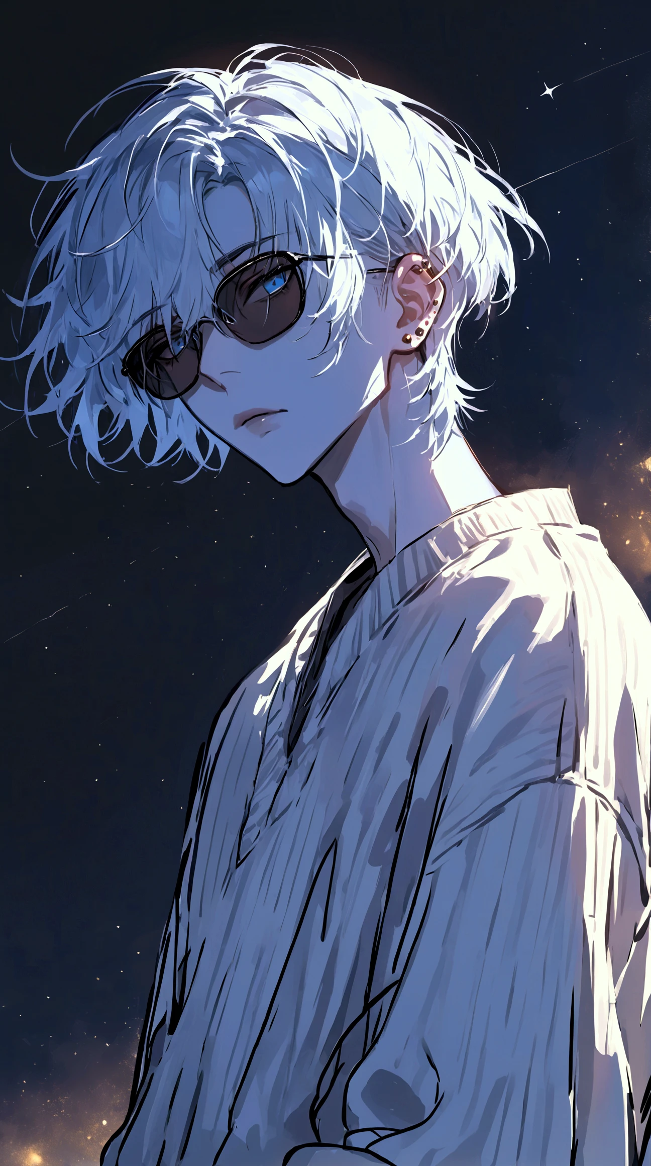  impasto,  short hair, Masterpiece,  best quality , 1 person , white hair ,  perfect face ,  Blue Eye  ,   handsome man   , Alone,  blue-white skin ,  adult male  ,  upper body , Delicate line drawing, side View ,  very detailed ,  black background , sketch ,  Stylish clothes , black sunglasses , white oversized  cardigan, modern style , piercing , Sneaker , star , look up at the night sky