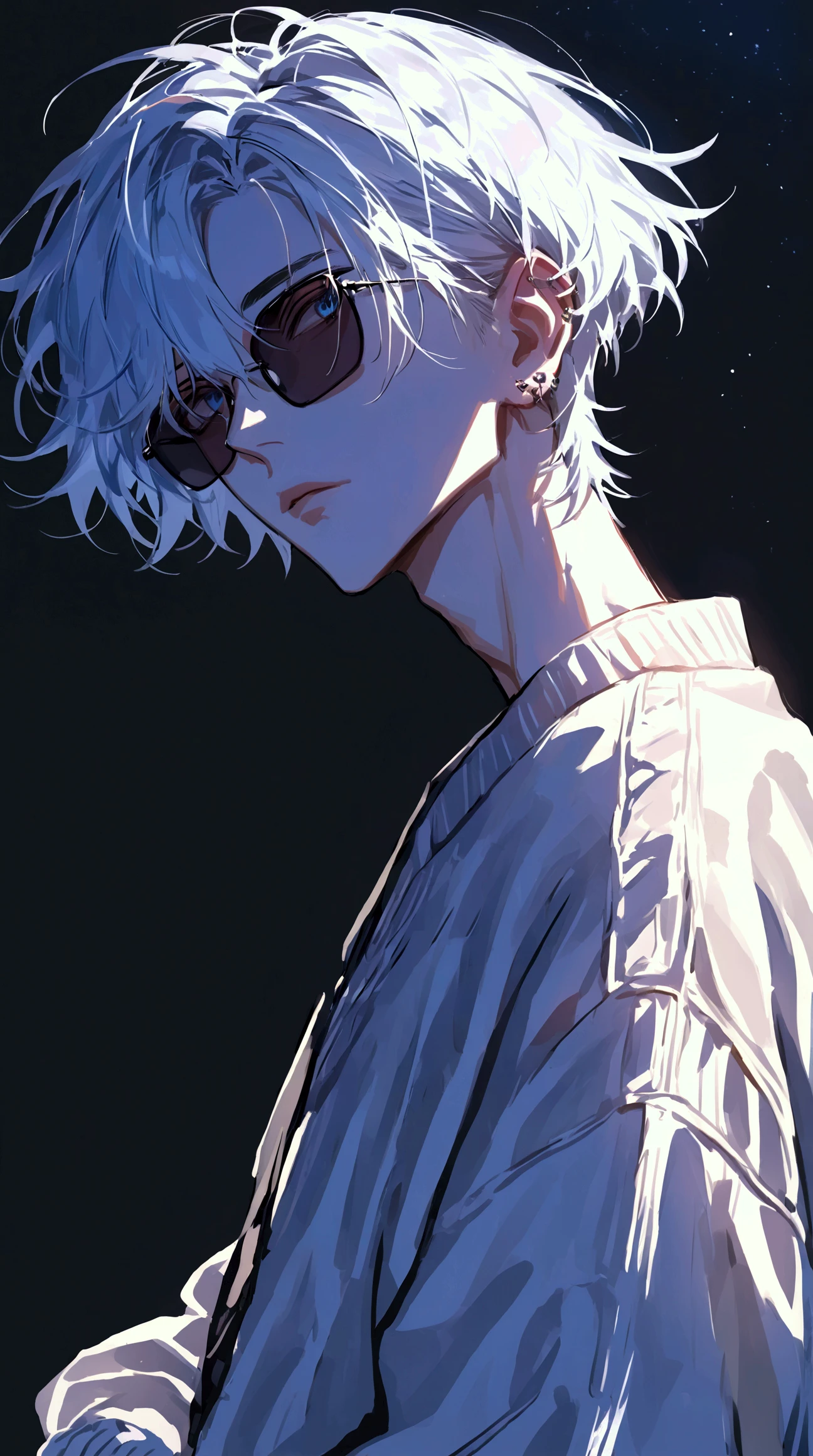  impasto,  short hair, Masterpiece,  best quality , 1 person , white hair ,  perfect face ,  Blue Eye  ,   handsome man   , Alone,  blue-white skin ,  adult male  ,  upper body , Delicate line drawing, side View ,  very detailed ,  black background , sketch ,  Stylish clothes , black sunglasses , white oversized  cardigan, modern style , piercing , Sneaker , star , look up at the night sky