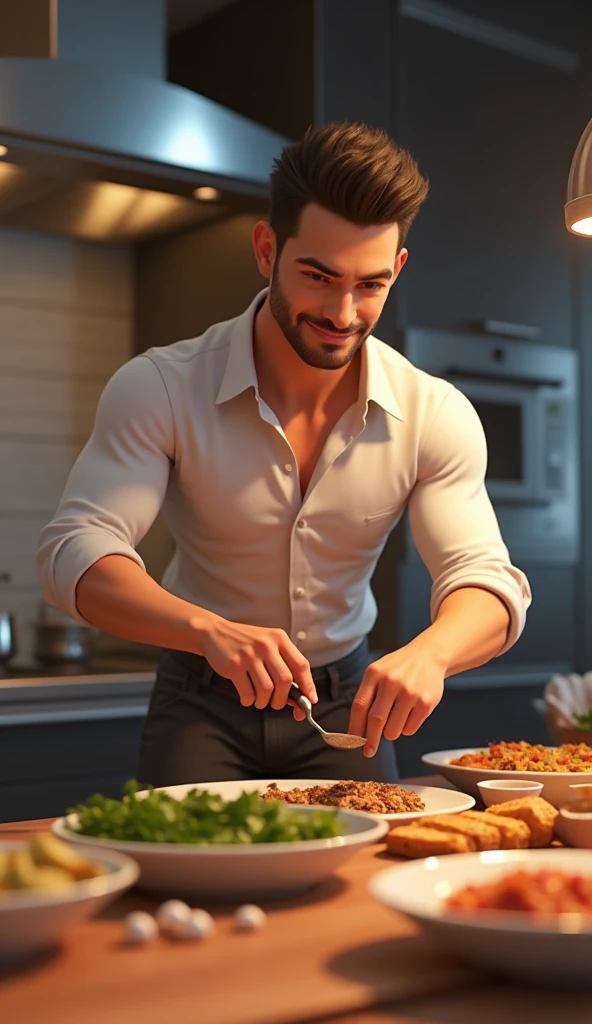 Highest quality、masterpiece、high resolution、A muscular man with black hair and a nude apron is making breakfast、A grey-haired, muscular man in pajamas yawns and walks into the room.、short hair、kitchen、Light of the sun、Breakfast and coffee on the table、Gay