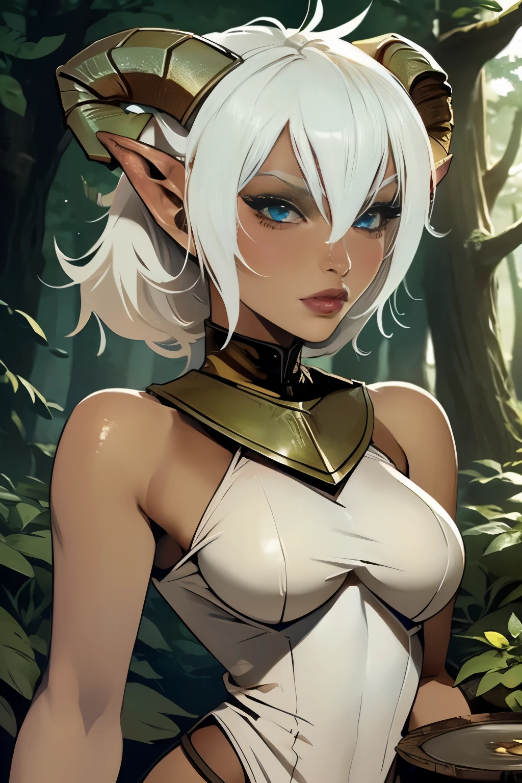 Solo, female, ((horns)), ((tan skin)), ((medium breasts)), (plate mail), ((fantasy forest)), (lipstick, eyeliner, eyelashes, mature female), white hair, ((petite body)), ((proper eyes))