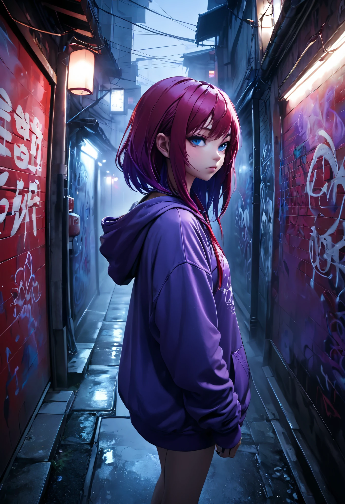 1girl, blue hoodie, wearing purple hair, blue eyes, dark alley, red graffiti, japanese led, fog, 8k, ambient occlussion, focus on subject