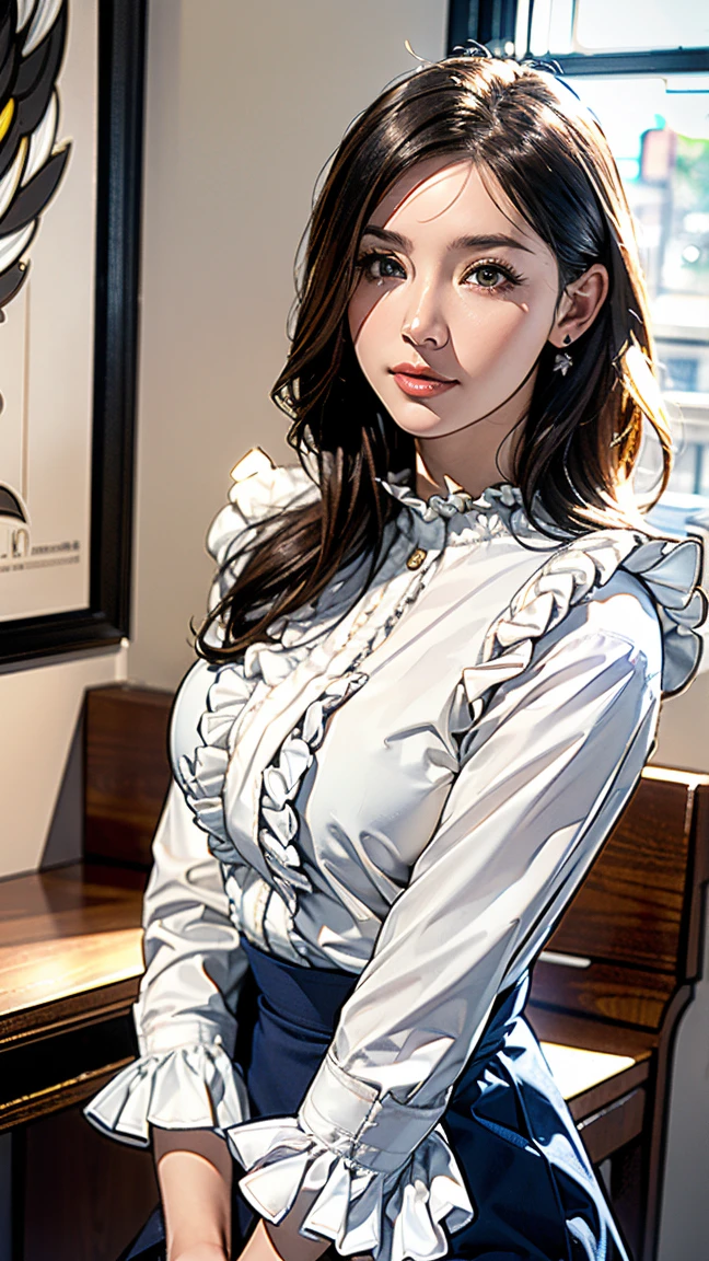 歩道に立つWoman in a suit,((40-year-old woman))、Big Breasts、Dark brown hair color、グルを使ったHairstyle.々Hairstyle、Hairstyles of different lengths、(8K, RAW Photos, Highest quality, Tabletop: 1.2),、(Realistic, Realistic: 1.3), Cityscape, Day, Sunny Morning, Professional Lighting, Photon Mapping, shirt, (Woman in a suit,) Silk Suit、Pencil Skirt、Tight Skirt、((Delicate photo)),(女の子の詳細なRAW Photos), (Tabletop:1.25), (Highest quality:1.6), (Ultra-high resolution:1.5), (Realistic:1.75), 8K resolution, Canon EOS R5, 50mm, Absurd, Very detailed,Cinema Lighting,(Skirt flip:1.2)、Browsing Caution:1.1、the wind is strong、smile、I flipped up my skirt、Simple panties