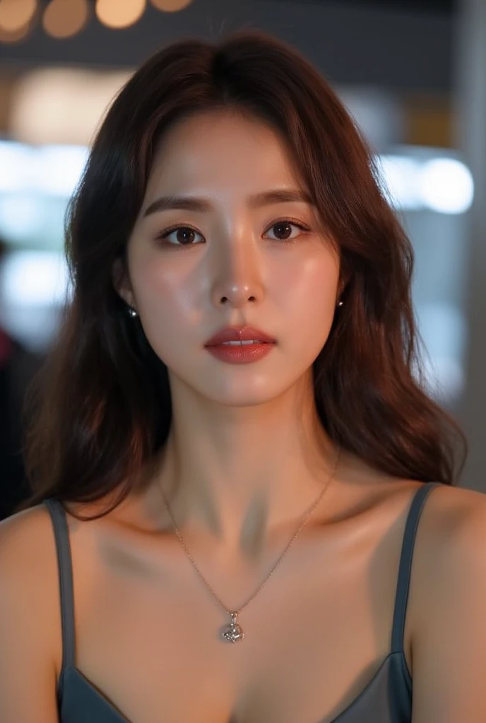 extreme close-up of beautiful beautiful korean female, 34 inch breasts size, brown hair, wearing crop top, necklace, under the tree, cinematic scene, UHD